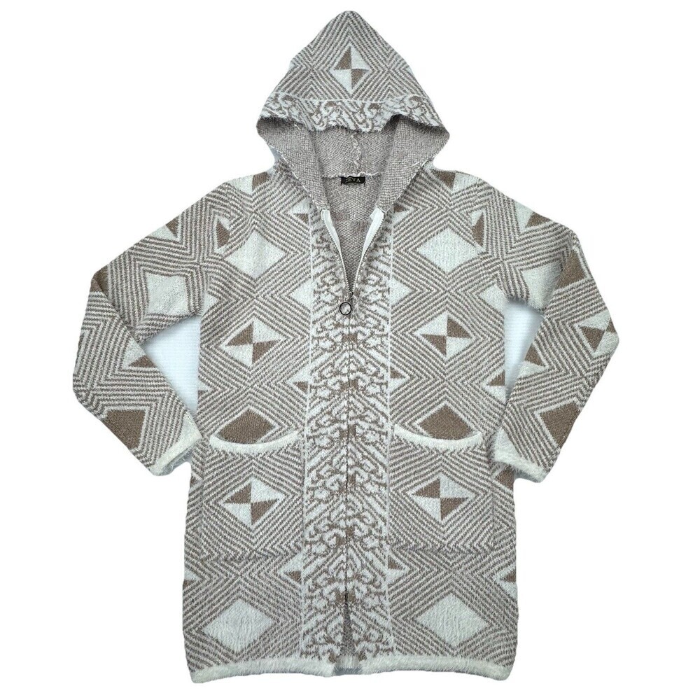 ZEVA Womens L Hooded Sweater Coat Beige White Geometric Zip Cardigan